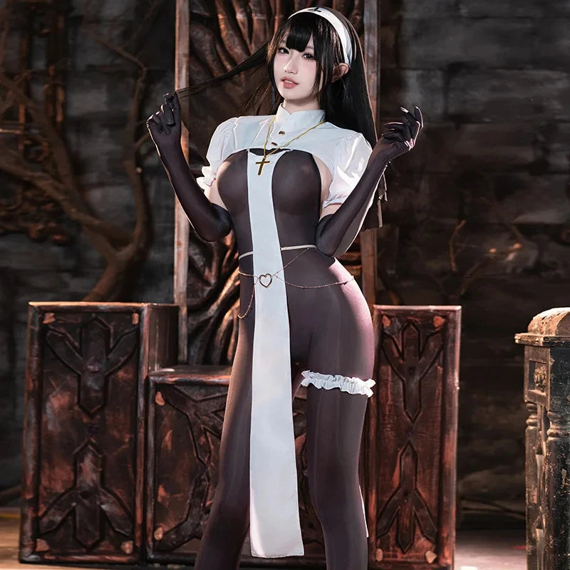 Sexy Nun Uniform Cosplay Halloween Costume Lingerie Open Crotch Jumpsuit Black See Though Tight Bodysuit Women Bodystocking