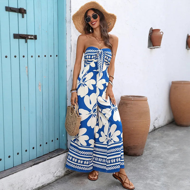 Canwedance New Flower Printing One-piece Playsuits Bandeau Sleeveless Boho Wide Leg Rompers Backless Summer Beach Jumpsuits