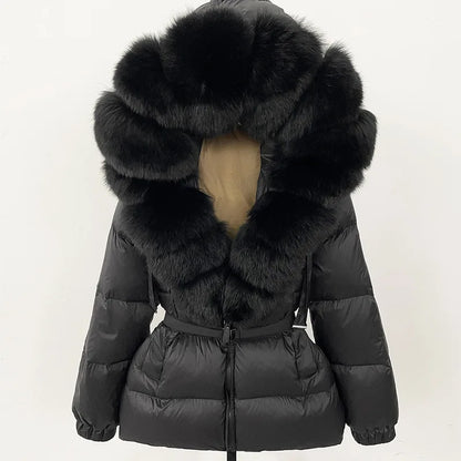 Hot Sale Women Luxury Black Down Jacket Waist‑Cinched Design High‑End Elegant Real Big Fox Fur Hooded Collar Winter Outerwear