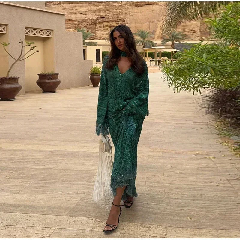 Elegant Tassel Hem Maxi Dress Women V-neck Long Sleeve with Scarf Loose Dresses 2026 NEW Spring Luxury Lady Party Evening Gowns
