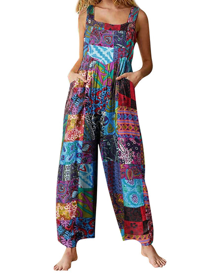 Captivating New Women Summer Overalls, Multicolor Ethnic Style Square Neck Sleeveless Casual Jumpsuit with Pockets for Girls