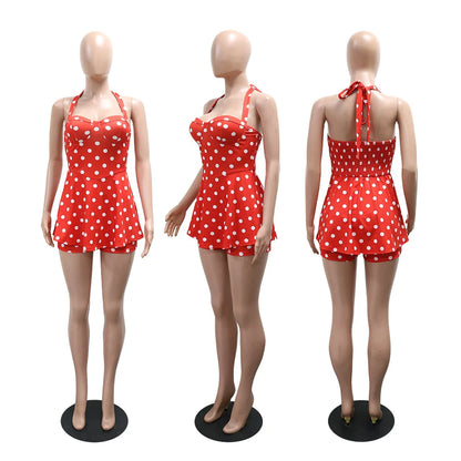 Joskaa Polka Dot Halter Bandage Rompers Women Sexy Low-cut Sleeveless Backless Bodycon Playsuits Y2k Streetwear Holiday Clubwear