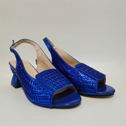 Hot Selling Blue Mid Heel Women Crystal Design Sandal with Rhinestone Bag Set For Lady Party Rhinestone Sandal Shoes F1207-3