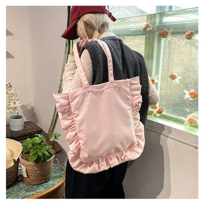 New Elegant Vintage Women Casual Tote Bags French Style Ruffles Shoulder Bag Large Capacity Versatile Handbag