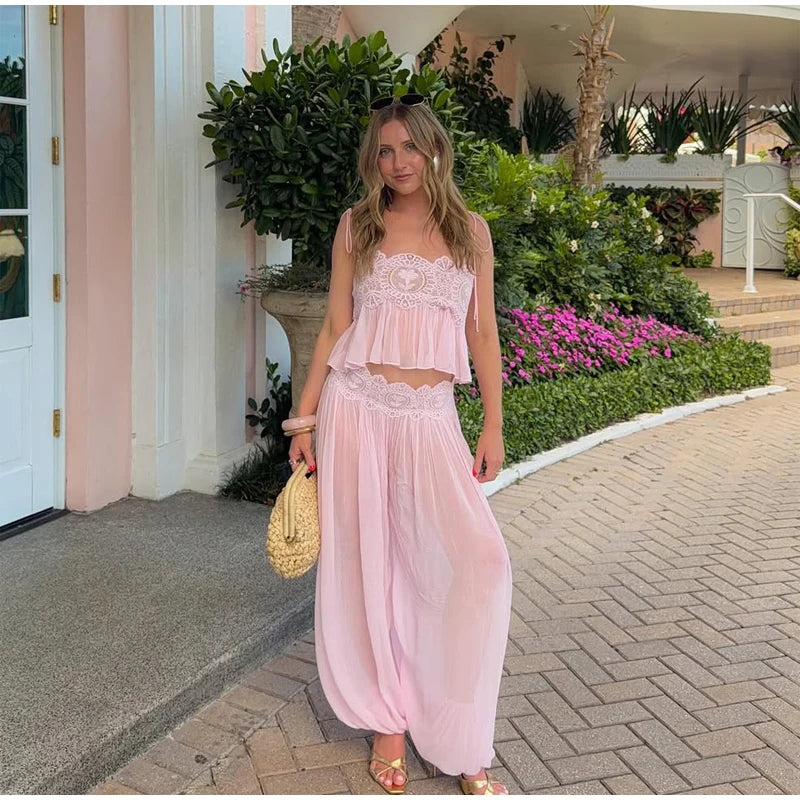 Beach Lace Hollow Out Women's Summer Pants Sets Lace Up Backless Spaghetti Strap Crop Top Loose Pleated Lantern Pant 2026 Suit