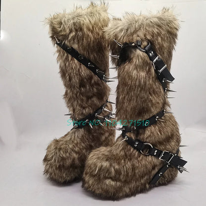 Black Fur Platform Knee High Boots for Women Punk Rivet Belt Buckle Strap Snow Boots Winter Warm Fashion Y2K Girl Shoes Big Size