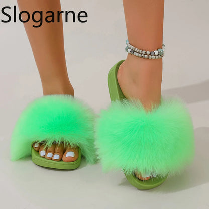 Fashion Fox Fur Slides Women Luxury Designer Summer Sandals Ladies Furry Lazy Slippers Fluffy Flip Flops Shoes Plus Size Shoes