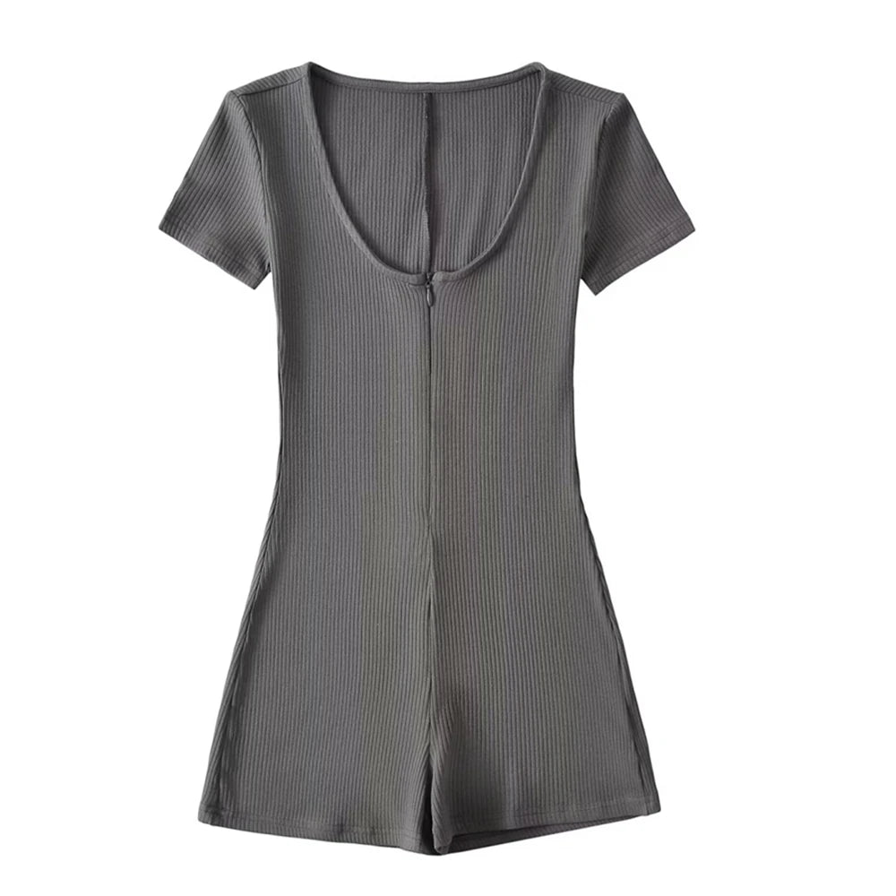 Womens Playsuits Yoga Low Neck Slim Fit Short Sleeve Jumpsuits Stretch One Piece Romper Sexy Fitness Female Sportwears Zipper