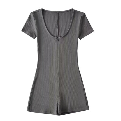 Womens Playsuits Yoga Low Neck Slim Fit Short Sleeve Jumpsuits Stretch One Piece Romper Sexy Fitness Female Sportwears Zipper