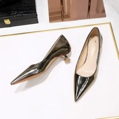 Women Comfortable 3.5cm High Heels Shallow Pointed Toe Work Pumps Lady Glossy Leather Low Heels 2024 Luxury Brand Designer Shoes