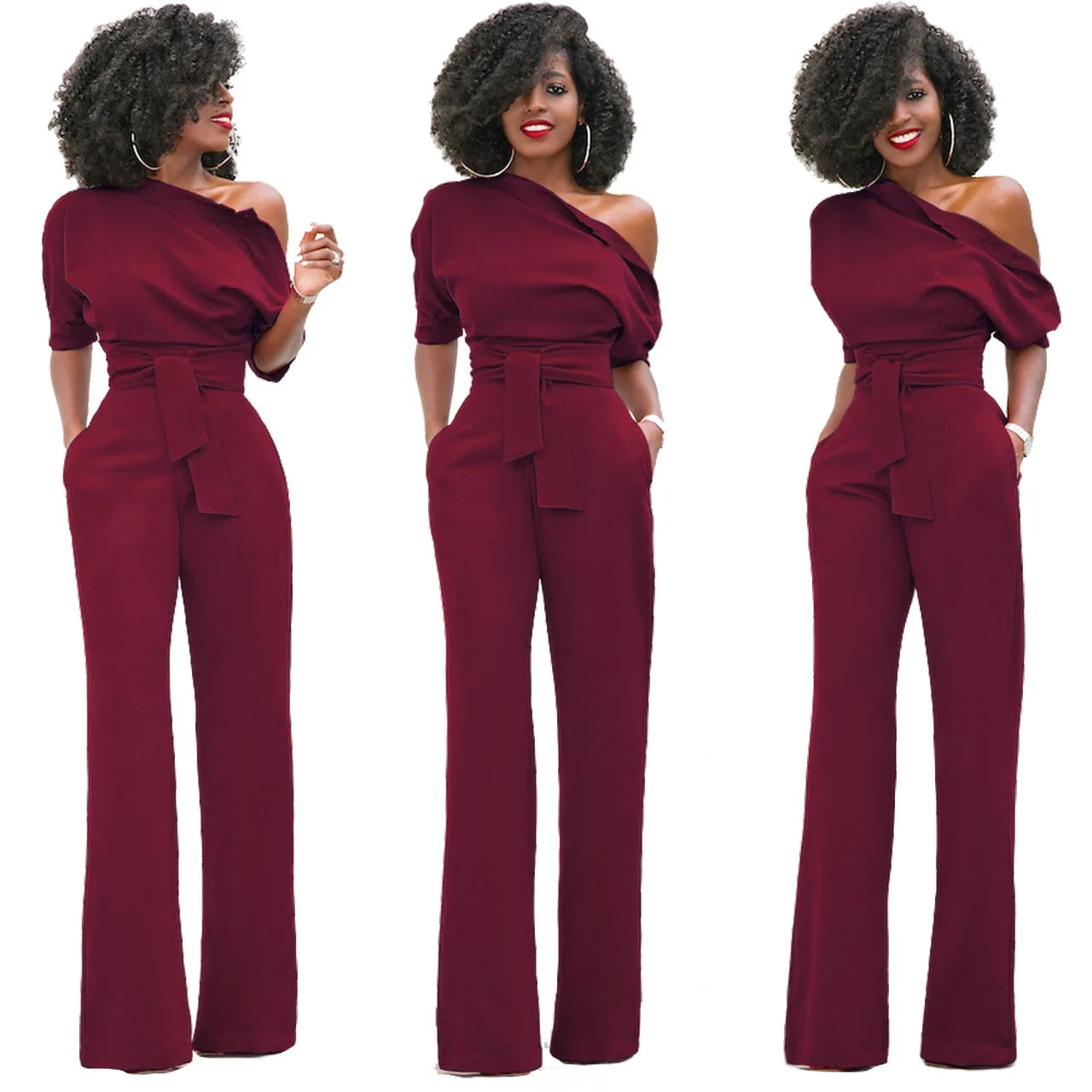 2024 Summer New Fashion Women's Jumpsuit Solid Color Slanted Shoulder Elegant Temperament Sleeveless Long Wide Leg Jumpsuit