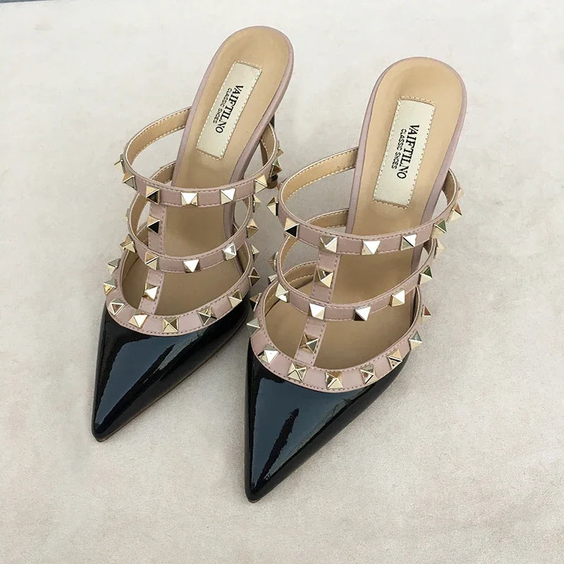 Women's sandals luxury Brand Shoes Woman 2025 trend Ankle Strap Summer Rivets High Heels Slippers Design Pointed Toe Sexy party