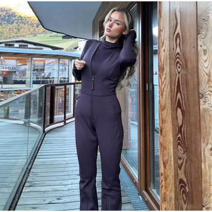 Chic Hooded One Piece Women's Winter Ski Suits Belt Stand Collar High Waist Pockets Overall Jumpsuits 2026 New Lady Warm Skiwear