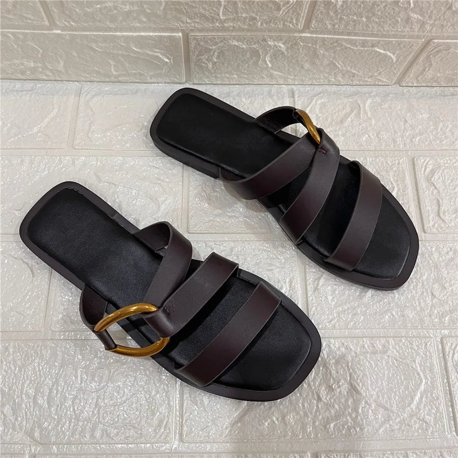 Metal Ring Summer Half Slippers Women Flat Beach Shoes Casual Outside Slides Black Designer Gladiator Sandals Luxury Footwear