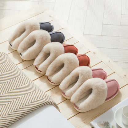 2025 Winter Warm Home Fur Slippers Women Luxury Faux Suede Plush Couple Cotton Shoes Indoor Bedroom Flat Heels Fluffy Slippers