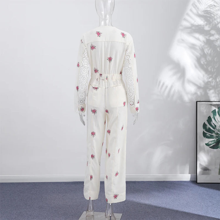 Printed Lace PatchWork Women's Jumpsuit V Neck Long Sleeves Jumpsuits Slim Fit Jumpsuit for Lady 2026 Summer Club Tops