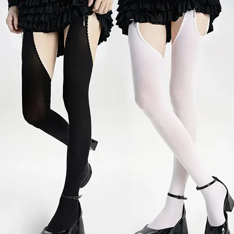 Women Suspender Wide-banded Velvet Tights Lolita Thin Thigh High Stockings with Garters Y2K JK College Style Over The Knee Socks