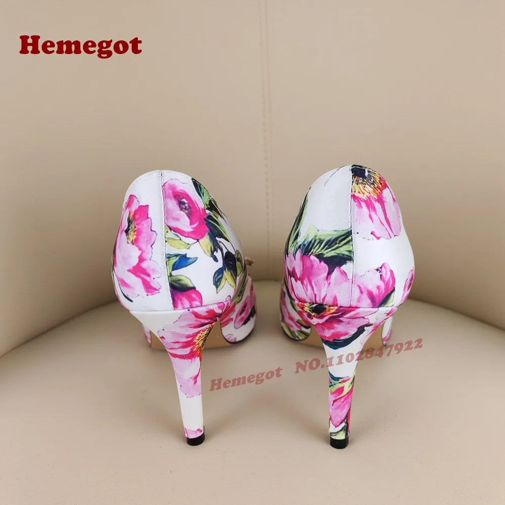 Print Flower Gemstone Pumps Pointy Toe Stiletto Heels Shallow Women's Pumps Colorful Crystals Sexy Elegant Shoes 2025 New Luxury