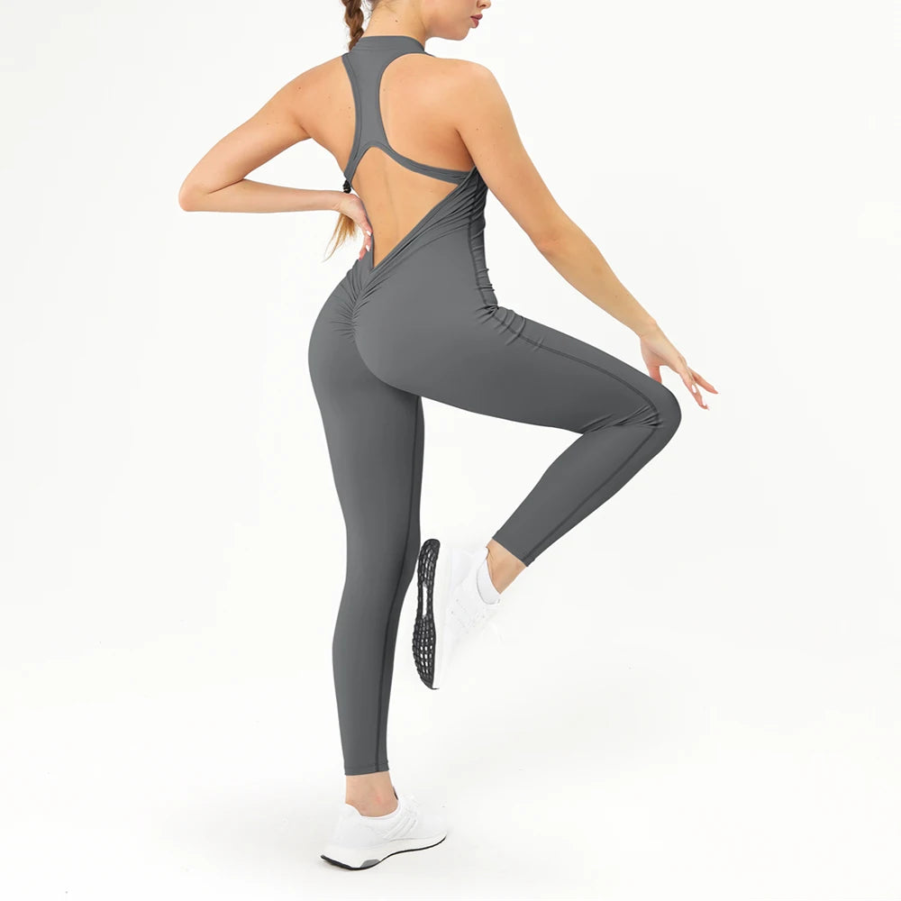 Sport Jumpsuits Women Zipper Fitness Overalls Sexy Backless Gym Bodysuits Scrunch One Piece Suit Workout Clothes Tracksuits