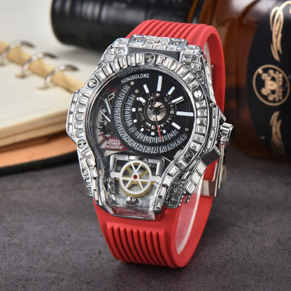 Business Full Diamond Case Luxury Top Mens Watches Rubber Strap Color Creative Decorative Quartz Watch Men AAA Clocks Relogio