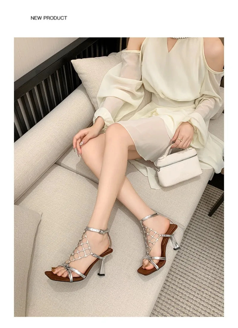 Luxury Gold Bling Rhinestone High Heeled Sandals Women Fashion Square Toe Cross Tied Designer Shoes Elegant Banquet Dress Shoes