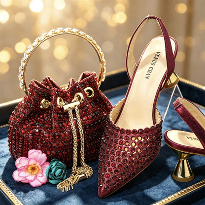Venus Chan 2026 Elegant Women's Pointed Toe Heels - Wine Color Full Diamond Pumps with Matching Italian Shoes & Bags Set