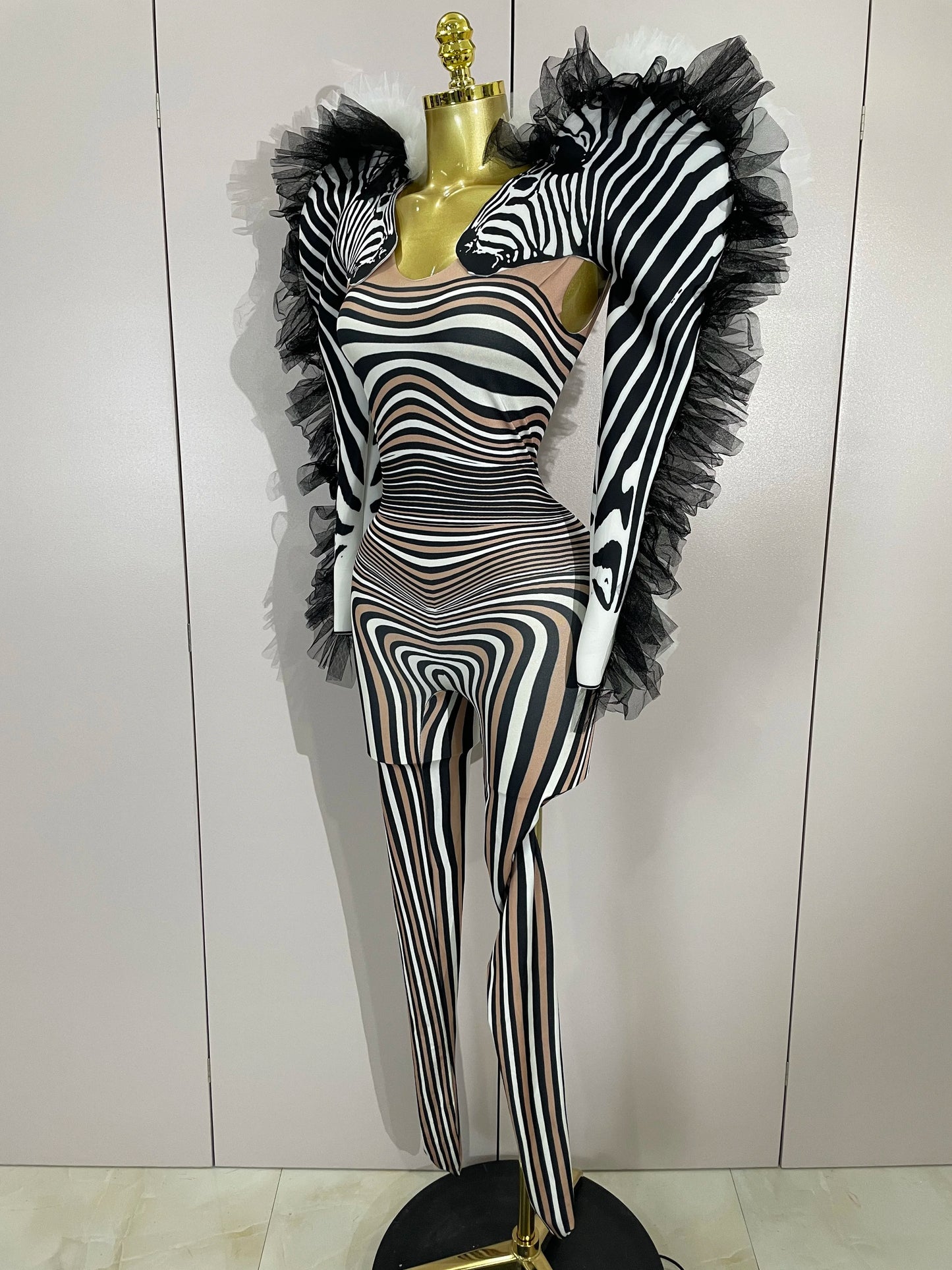 Women Zebra Stripes Long Sleeve Bodycon Jumpsuit Two Piece Set Birthday Party Nightclub Stage Performance Festival Rompers