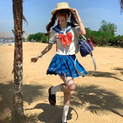 Summer and Autumn Sailor Suit Japanese Style Schoolgirl Blue Short-Sleeved Set Cos Female Students