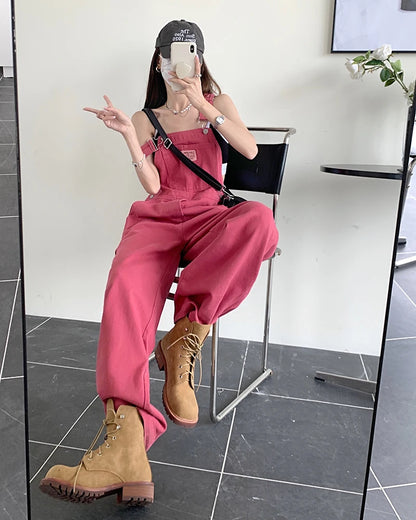 Rose Pink Straight Jeans Retro Casual Wide Leg Loose Women Denim Jumpsuit 2023 Spring Korean Style Overalls