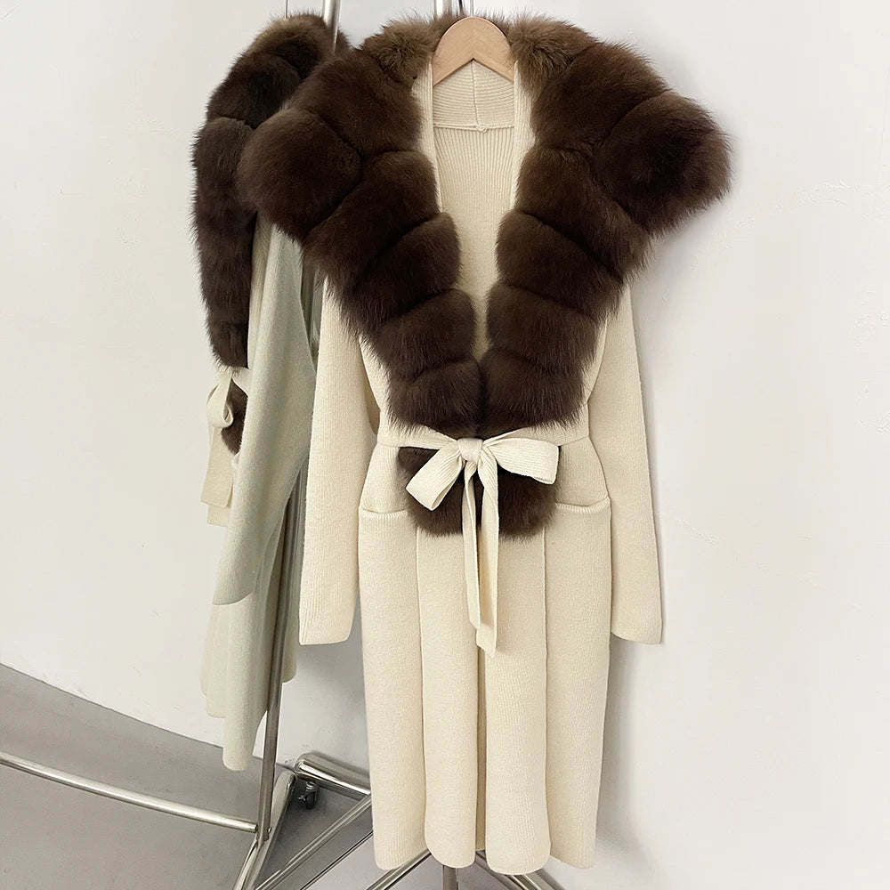 OFTBUY Fashion Warm Belt Real Fox Fur Cardigan New Natural Fur Collar Long Knit Jacket Women Atrumn Winter Top Clothing Female