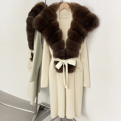 OFTBUY Fashion Warm Belt Real Fox Fur Cardigan New Natural Fur Collar Long Knit Jacket Women Atrumn Winter Top Clothing Female