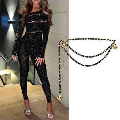HLJ&GG Sexy Sparkling Rhinestone Hollow Bodycon One Piece Jumpsuits Women One Shoulder Long Sleeve Slim Playsuit With Chain 2025