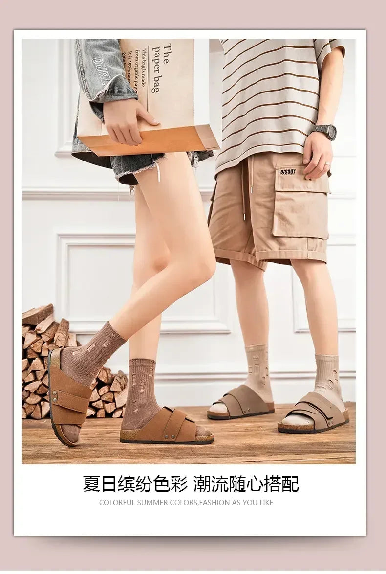 Cork Slippers Men Summer Beach Slides Suede Leather Womens Flat Sandals Fashionable Outdoor Male Mules Non Slip Babouche Femm
