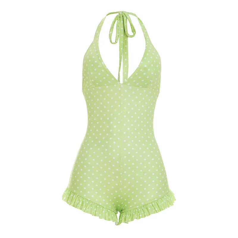 Polka Dot Print Playsuits Women Summer Bandage Halter Ruched Outfits Slim Backless Sleeveless V Neck Rompers Vacation Beach Gift