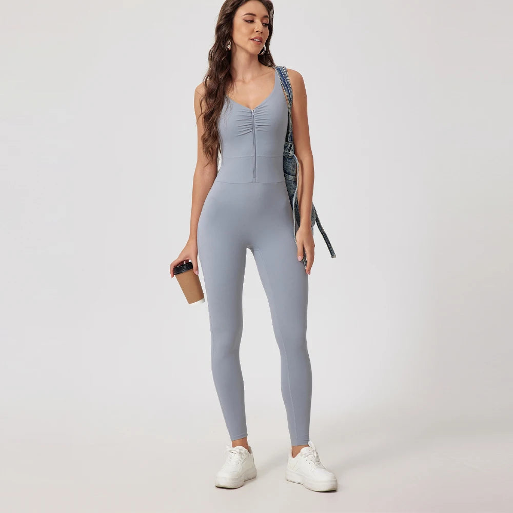 Fashion Folds Zipper Sport Bodycon Jumpsuits Women One Pieces Yoga Outfit Sleeveless Backless Gym Fitness Overalls Sexy Monkeys