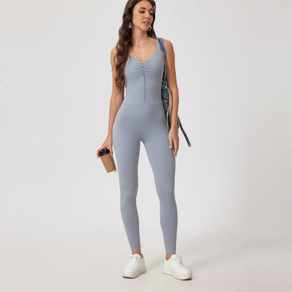 Fashion Folds Zipper Sport Bodycon Jumpsuits Women One Pieces Yoga Outfit Sleeveless Backless Gym Fitness Overalls Sexy Monkeys