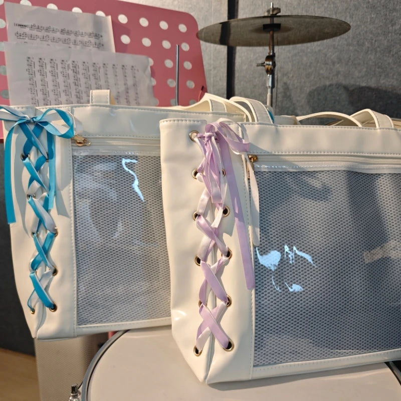 New Japanese Cute Sweet Ribbon Ita Bag Lolita Girls Transparent Handbags Fashion Large Capacity Tote Bag Aesthetic Shoulder Bags