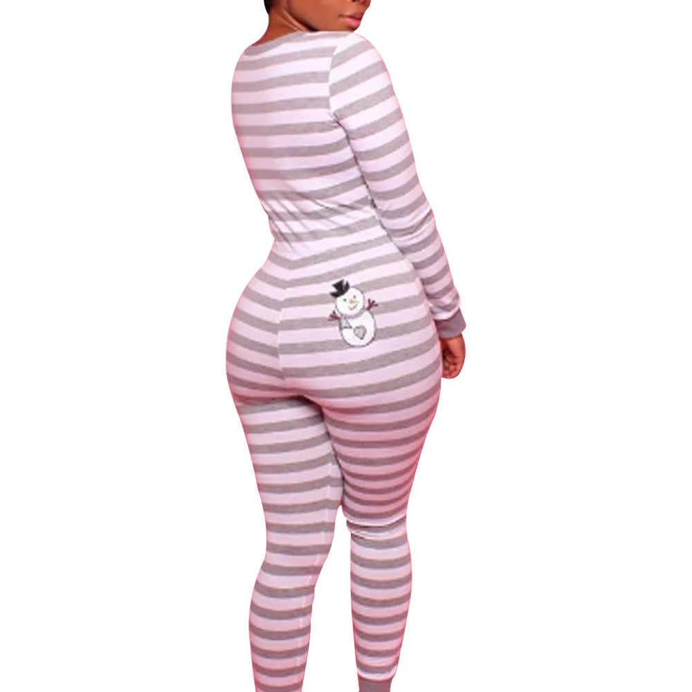 Sexy Christmas Pajamas Romper Women Y2k Stripe Printing Long Sleeve Bodycon 1 Piece Jumpsuit Ugly Christmas Pjs Sleepwear