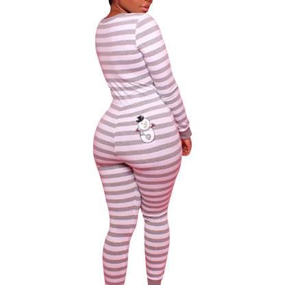 Sexy Christmas Pajamas Romper Women Y2k Stripe Printing Long Sleeve Bodycon 1 Piece Jumpsuit Ugly Christmas Pjs Sleepwear