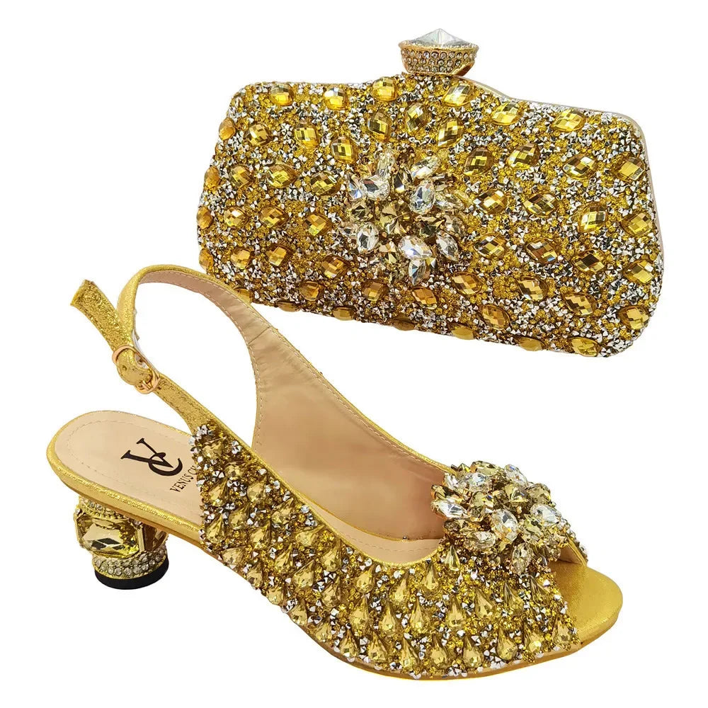 Silver Color Wedding Sandals for Women Bride Platform Round Heels Italian Full Drill Design Elegant Shoes and Bag Matching Set