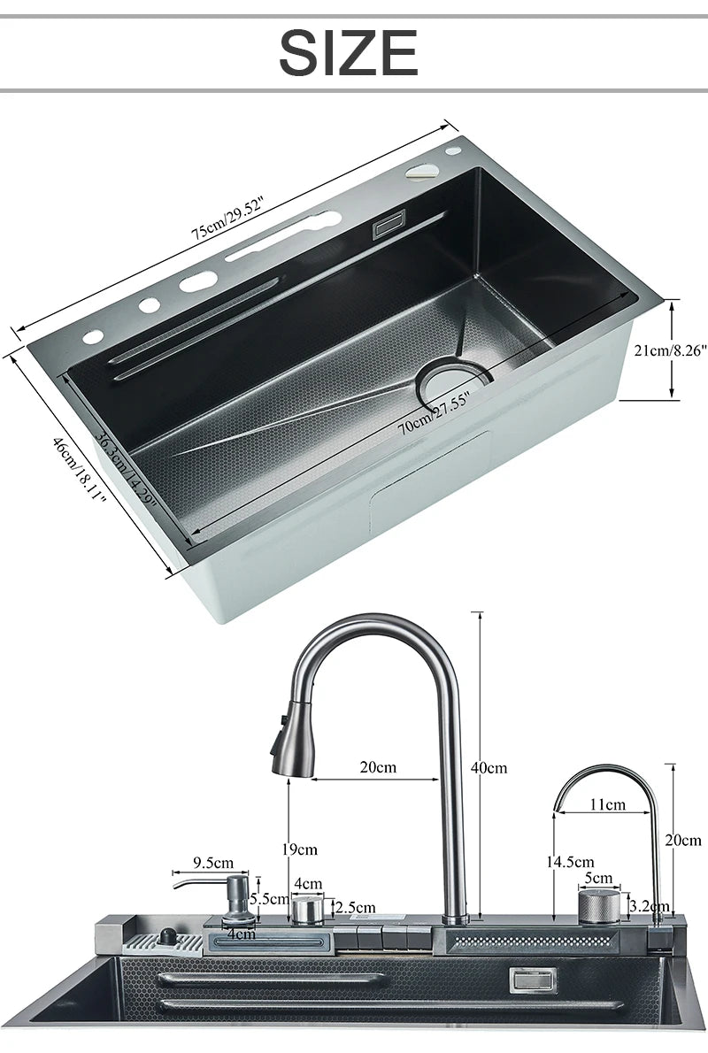 Stainless Steel Kitchen Sink with Faucet Digital Display Large Single Bowl Waterfall Rain 5 Functions System Dish Basin Sink