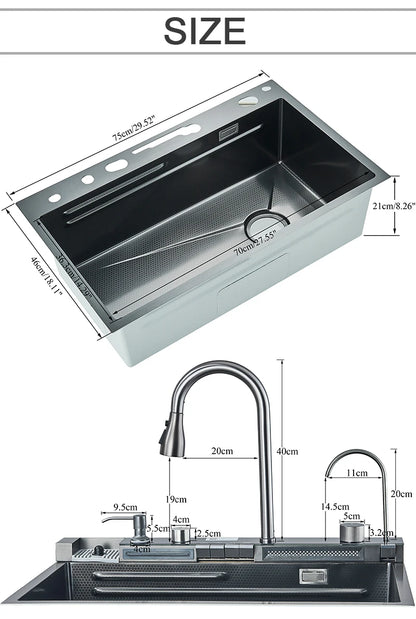 Stainless Steel Kitchen Sink with Faucet Digital Display Large Single Bowl Waterfall Rain 5 Functions System Dish Basin Sink