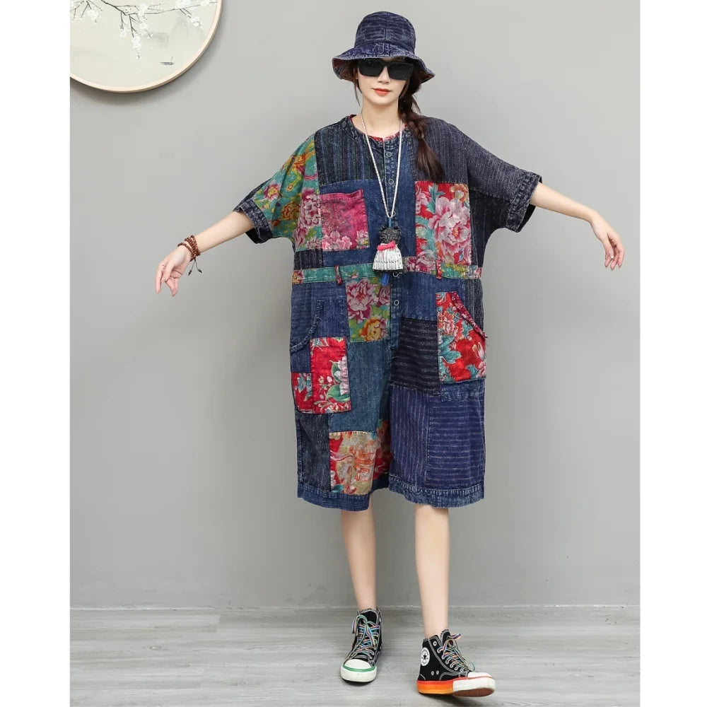 Unique Design Vintage-style Patchwork Large Floral Print Jumpsuit Women Summer Loose Casual Romper LX6155