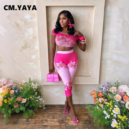 CM.YAYA Fashion Women's Set Short Sleeve Floral Print Tops and Calf Length Pants 2026 Beach Two 2 Piece Sets Outfits Tracksuit