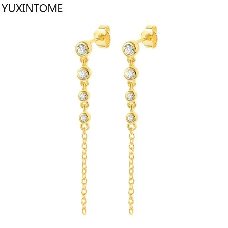 925 Sterling Silver Needle Long Chain Stud Earrings For Women Exquisite Zircon Geometric Tassel Pendant Earrings Luxury Jewelry