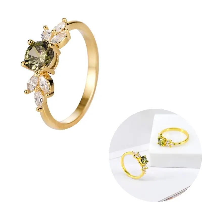 24K Gold Plated Colorful Crystal Gold Rings Turquoise Engagement Wedding Anniversary Ring Light Luxury Fashion Jewelry Gifts A40