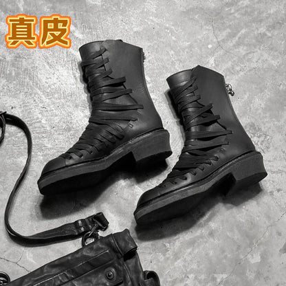 Side Cross Tied Black Walking Boots Fashion Men's Mid-calf Knight Boots Flat Round Toe Solid Back Zipper Western Chelsae Boots