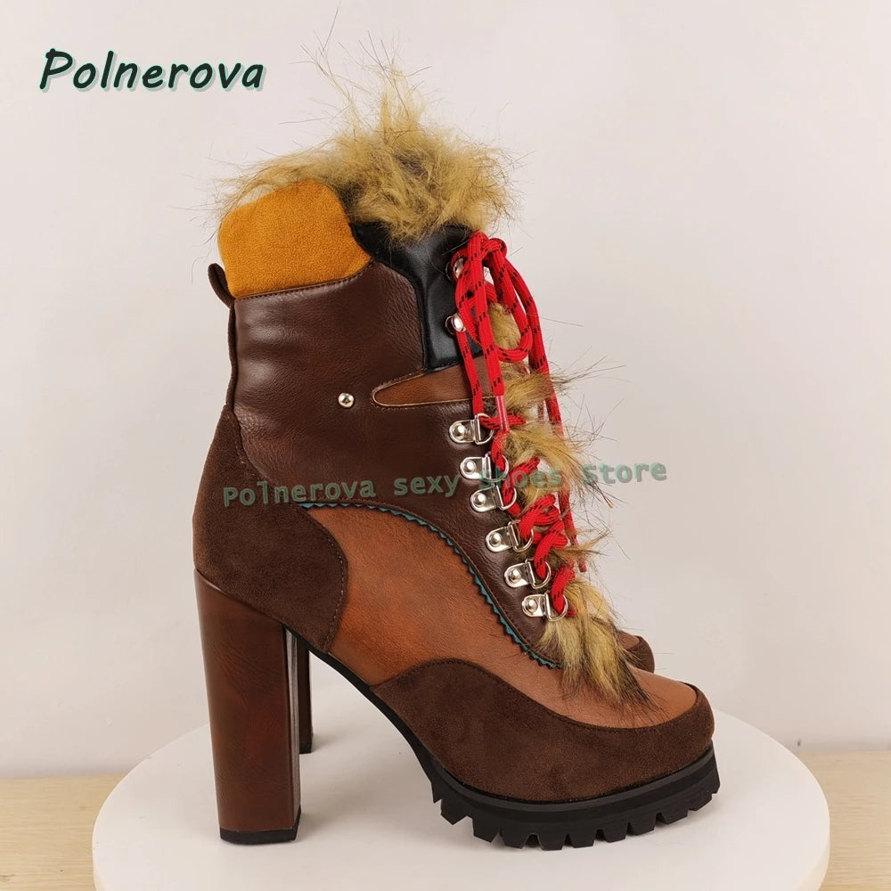 Faux Fur Cross Tied Fashion Boots 2026 New Arrivals Round Toe Toe Strange Style Mixed Colors Women Sexy Mid-Calf Boots Trend