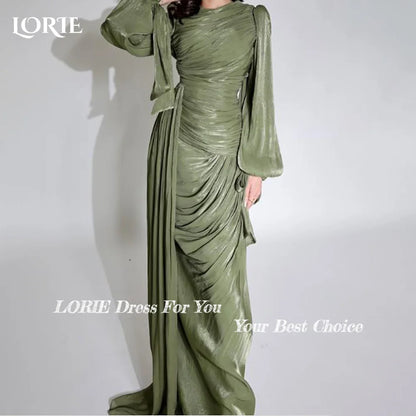 LORIE Modest Crepe Evening Dress Pleats Puff Long Sleeve Floor Length Prom Dresses Ruched Illsion Arabia Party Gowns Customized