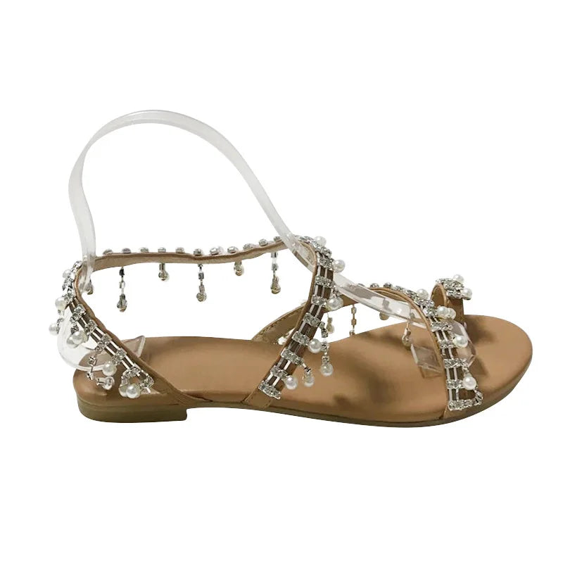 Ladies' new summer pearl sandals Women comfortable Beach shoes Ankle Strap Open Toe Sandals Casual Lightweight Women slippers